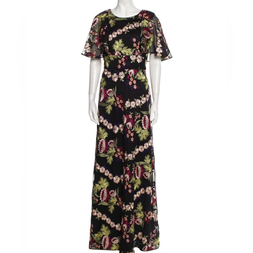 Monique Lhuillier Embroidered Floral Black Formal Evening Long Gown Maxi Dress